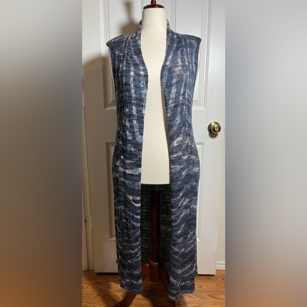 Cozy Long Knit Cardigan Vest – Blue Marled Pattern